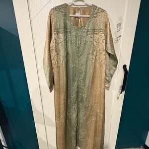 Vintage Silk Beaded Caftan Maxi Dress Gold Green‎ Metallic Embroidered India L